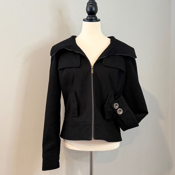 Sugarfly Jackets & Blazers - Black Wool Sugarfly Zip Front Jacket Fold Over Collar Utility Pockets